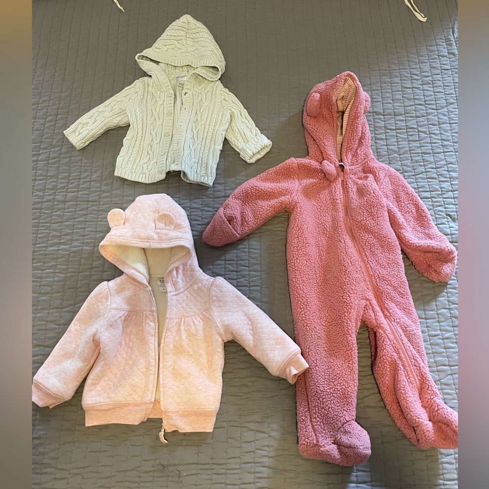 Baby Girl Winter Lot Sweaters, Jacket, Fleece Hooded Sweatsuit 9months 6-12month